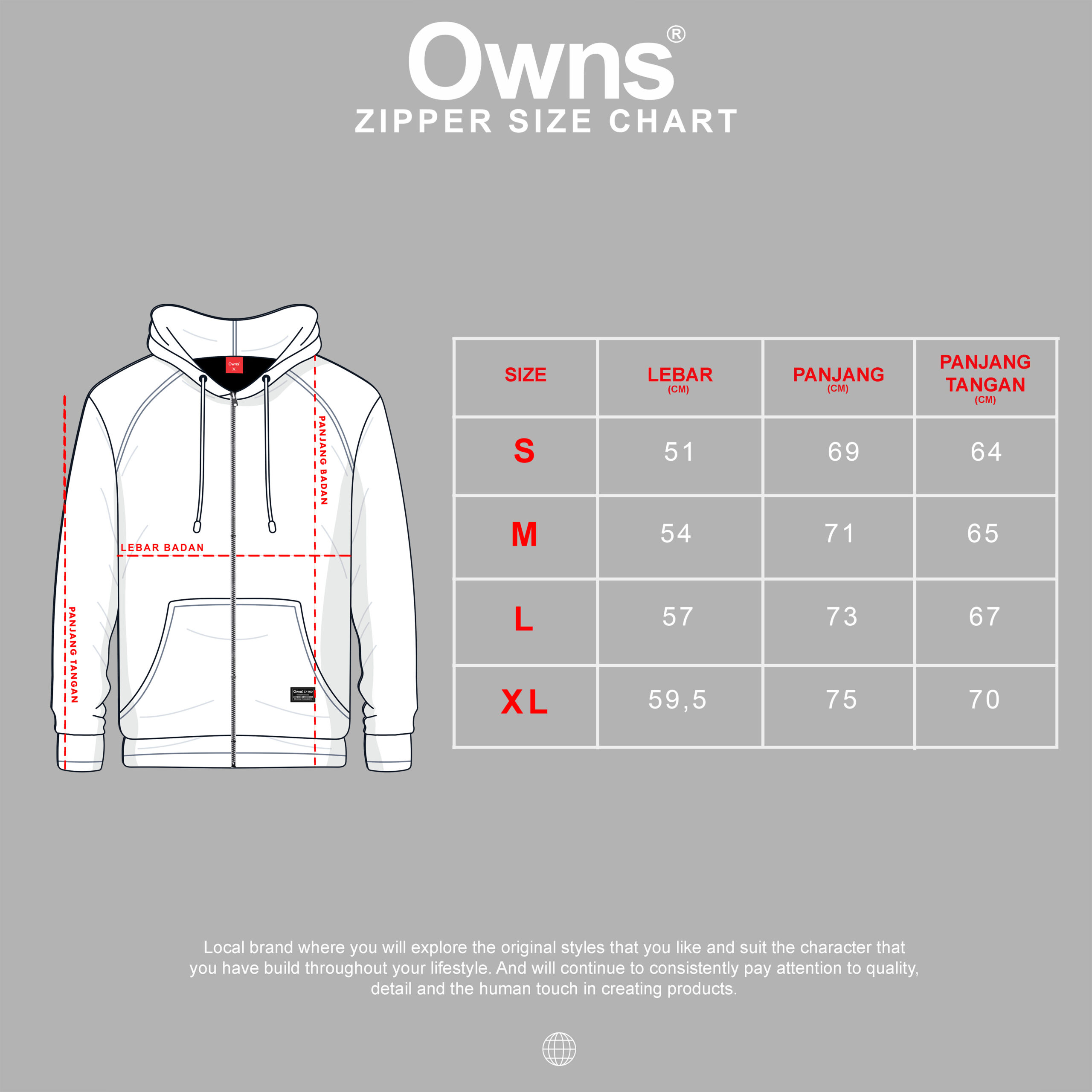 SIZE CHART zipper